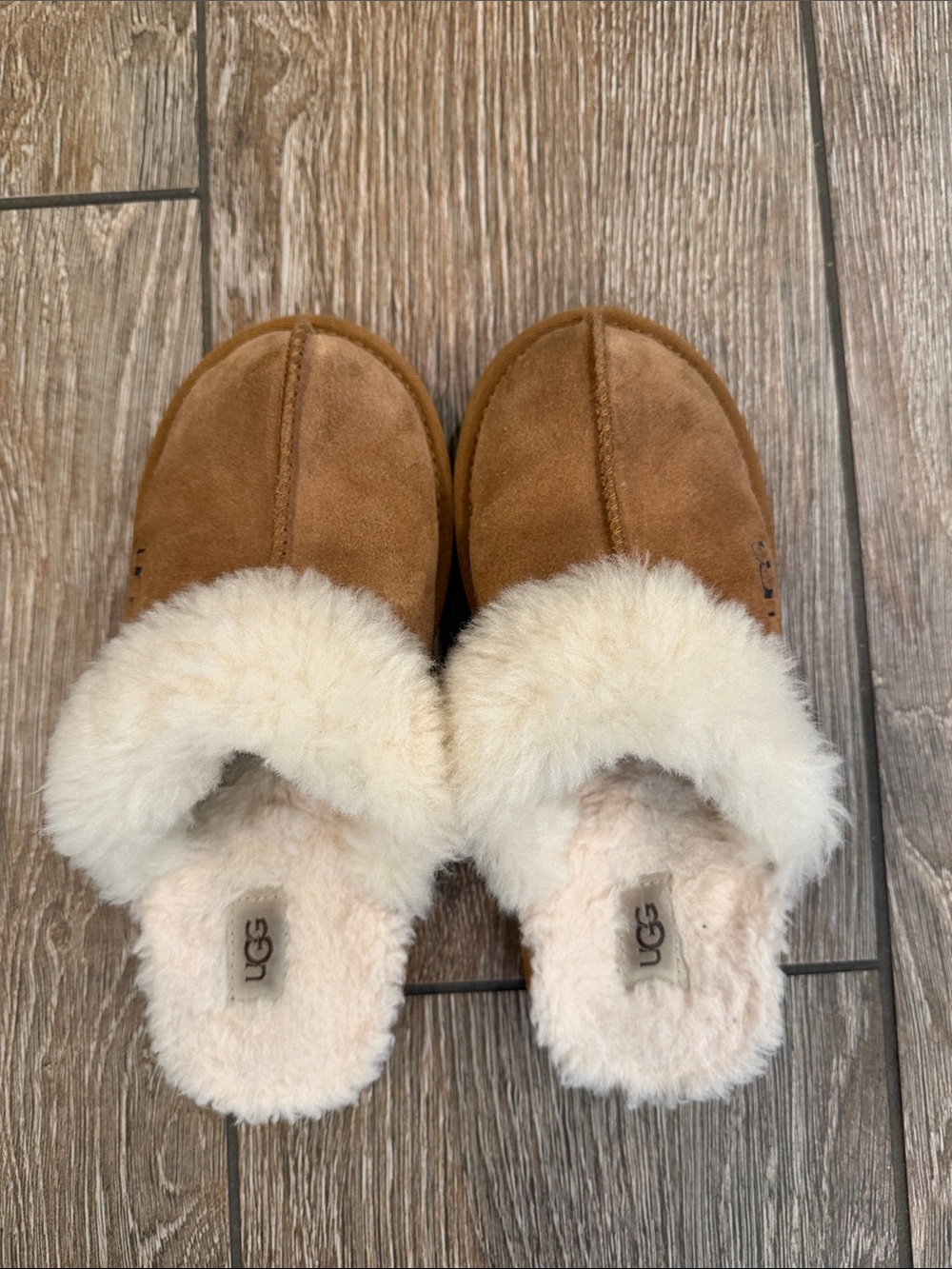 UGG Kids Chestnut Brown Suede Shearling Clog Slippers